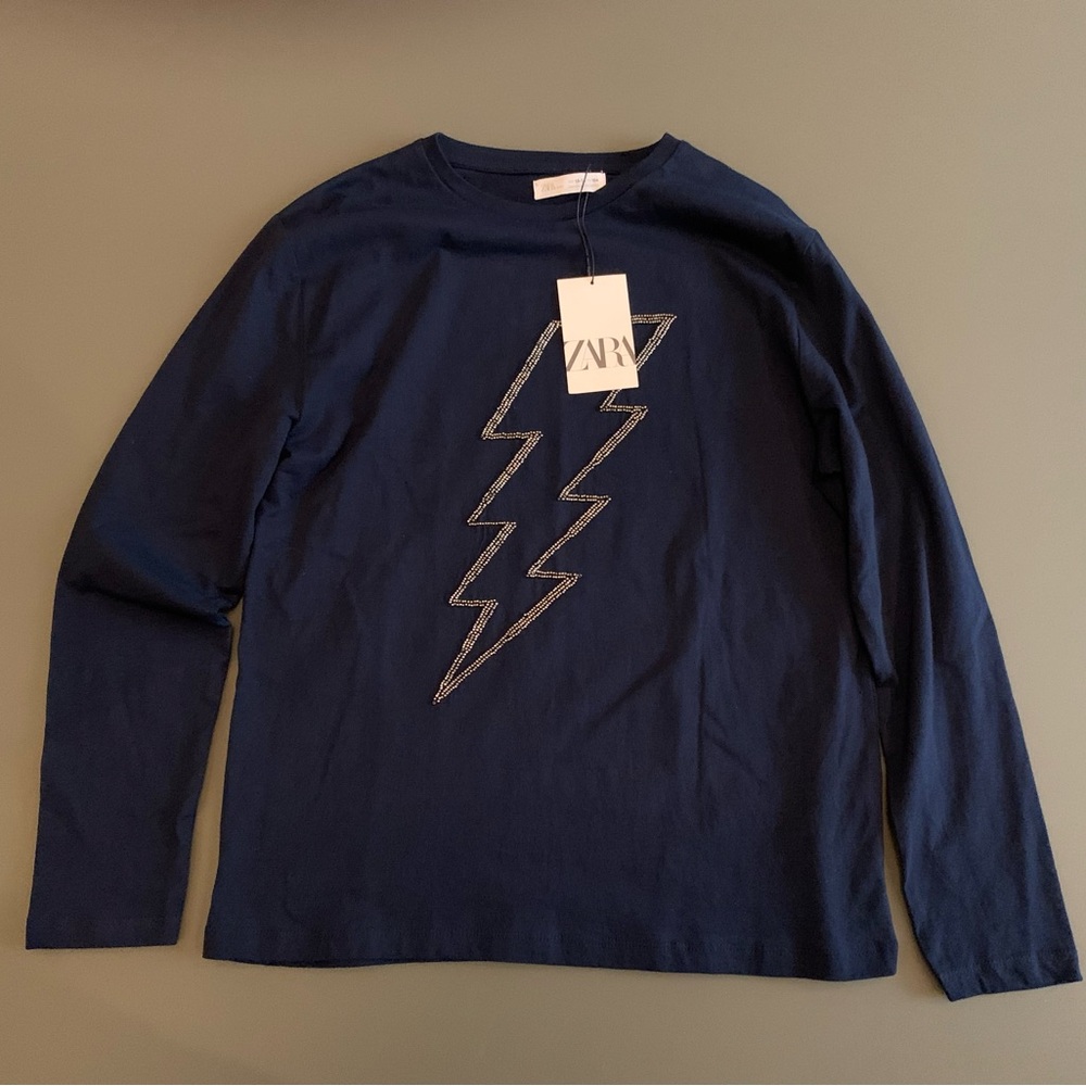 Zara Girls Dark Blue Long Sleeve w/ Lightning bedazzled sz 13/14 NWT